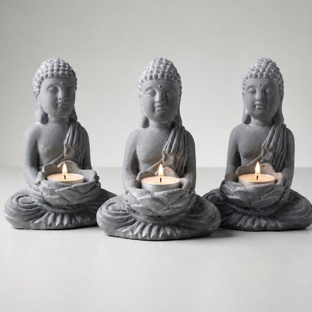 3-Piece Meditating Buddha Figurine Tea Light Candle Holder 6" Gray Zen Decor